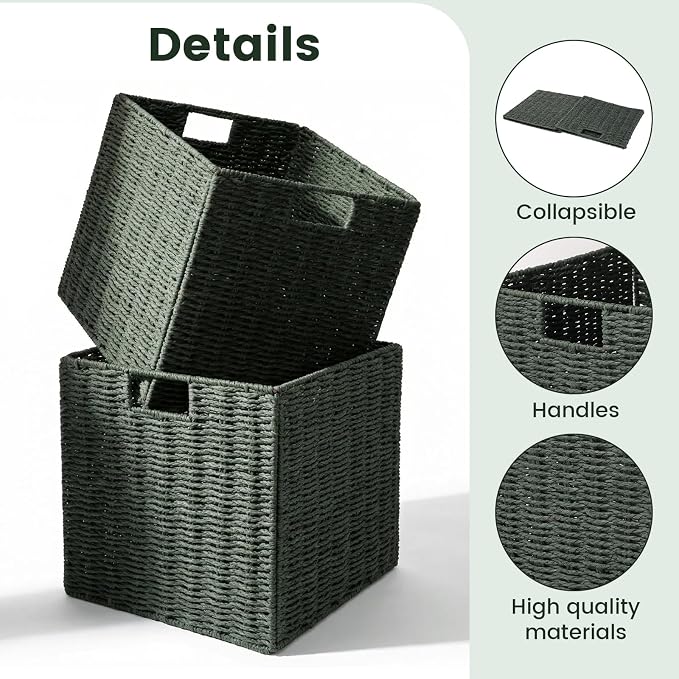 Set of 2 Hand-Woven Paper Rope Wicker Baskets, Storage Basket, Foldable Cube Storage Bins, Green Storage Cubes, Square Baskets for Organizing Shelves, 12x12x12in