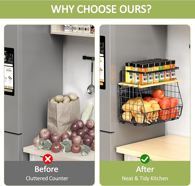 Magnetic Shelf for Fridge, Fruit Potato & Onion Storage Bin | Magnetic Storage Basket with Lid, Side of Fridge Storage, Produce Basket for Fruits Vegetables Spices, Kitchen Pantry