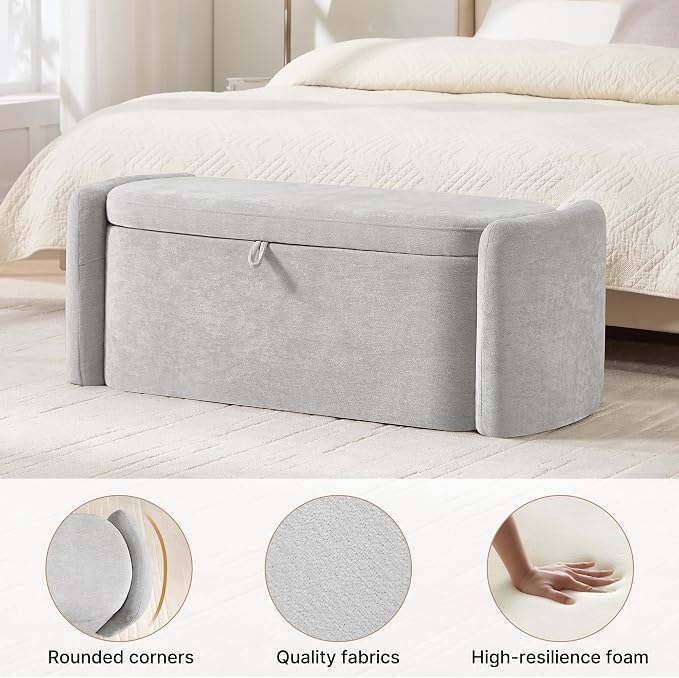 Oval Ottoman Bench with 20 Gal of Storage Space Upholstered Chenille Seat End of Bed Storage Bench Storage Ottoman with Storage for Bedroom, Living Room, Entryway, Window (Light Gray)