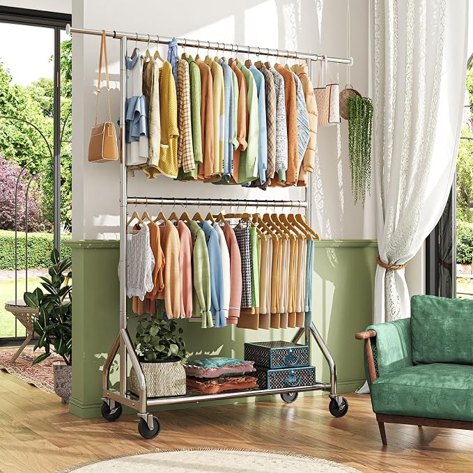 Simple Trending Heavy Duty Clothes Rack, Extendable Clothing Rack, Chrome | Double Rod Garment Rack, Freestanding Portable Closet, with Wheels & Shelf, Adjustable Middle Rod, for Bedroom, Laundry