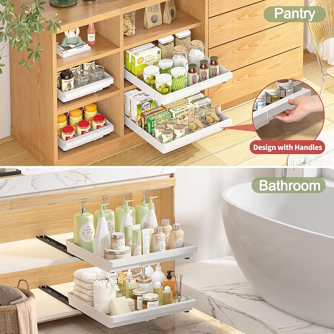 DOMNIU Pull Out Cabinet Organizers Expandable,White,16.9"Depth,2 Pack | Plastic Slide Out Drawers for Kitchen, Bathroom, Pantry, Under Sink Storage, Fixed with Adhesive Nano Film (11.6''-17.5'')