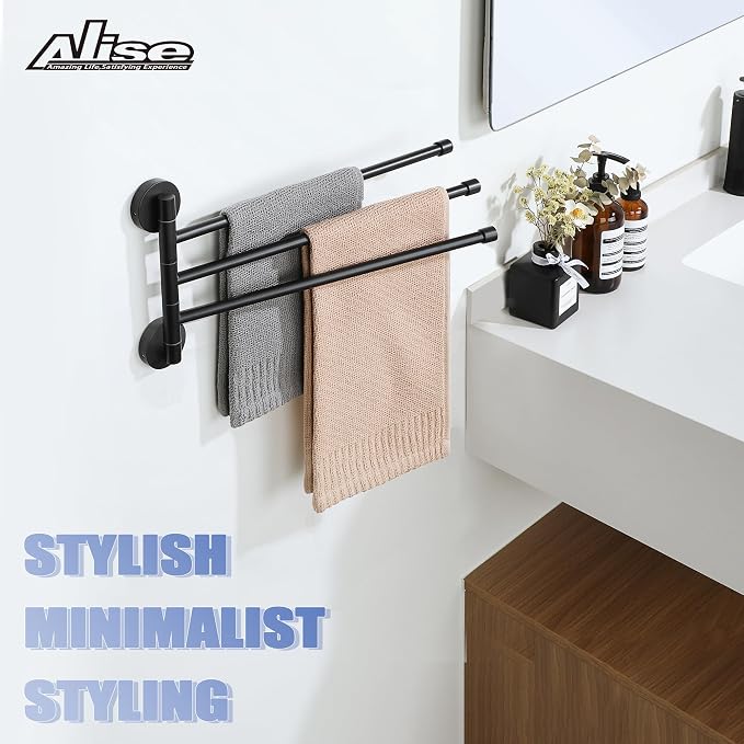 Alise 3 Arm Swivel Towel Rack, Matte Black Swivel Out Towel Bar, 13.9 Inch | Space Saving Swing Arm Towel Rack for Bathroom Kitchen Outdoor, 180° Rotating, SUS304 Stainless Steel