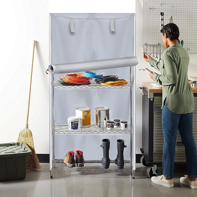 Shelf Cover, Wire Rack Cover 36" W x 18" D x 72" H | Dust Blocking, 600D Oxford Fabric, Garage, Basement, Roll-Up Front, Dual Zipper, Side Pockets, Shelving Cover, Silver & Black
