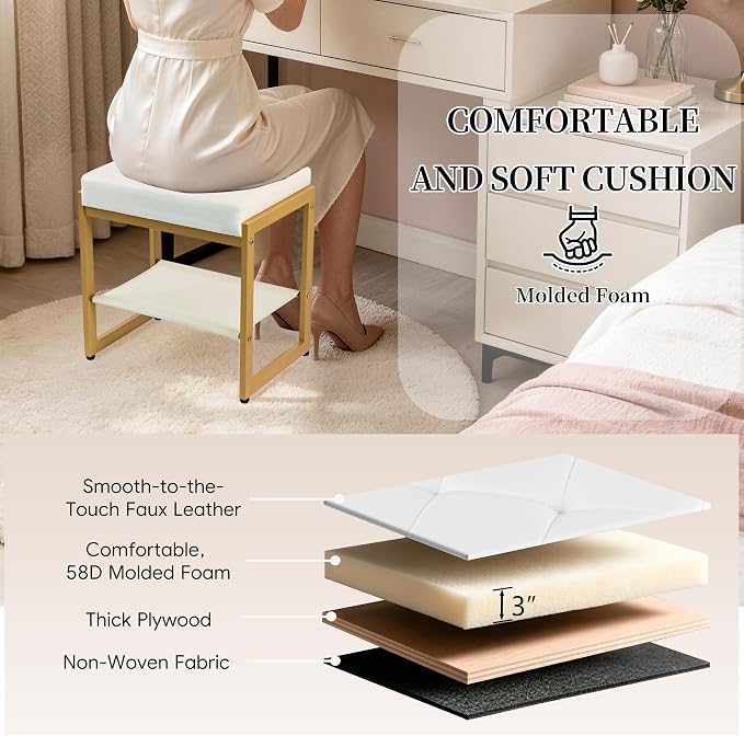 White Gold Vanity Stool, Vanity Chair Stools with a Lower Storage Shelf, Faux Leather Upholstered Ottoman Bench for Bedroom, Living Room, Modern Metal Legs Makeup Chairs