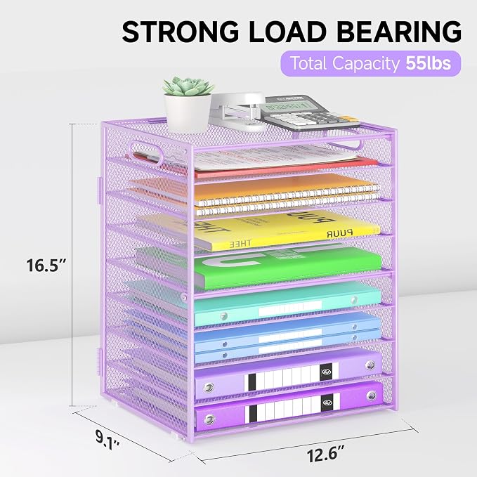 Cawukege 9 Tier Paper Organizer with Handle, Purple Large Capacity Desk Organizer Mesh File Folder Letter Paper Tray Desktop Document Sorter for Classroom, School, and Office Accessories Organization