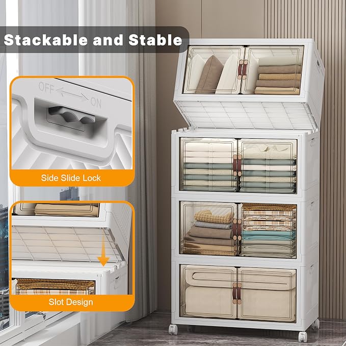 UAMFURI Stackable Storage Bins, 896QT Collapsible Drawers with 2 Lids | Large Capacity, Magnetic Door, Stack Lock, Rolling Wheels, Foldable Design, Organizers and Storage for Bedroom Dorm Garage