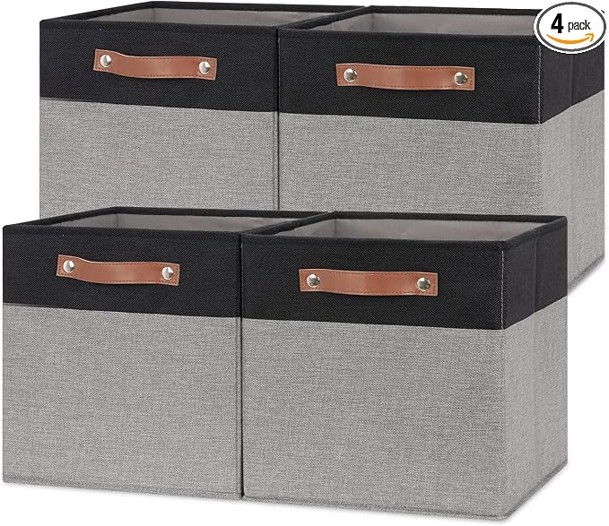 Temary Fabric Cube Storage Bins 12 Inch Decorative Storage Cubes Baskets 4 Pack Foldable Cube Storage Bins for Closet, Shelves (Black&Grey)