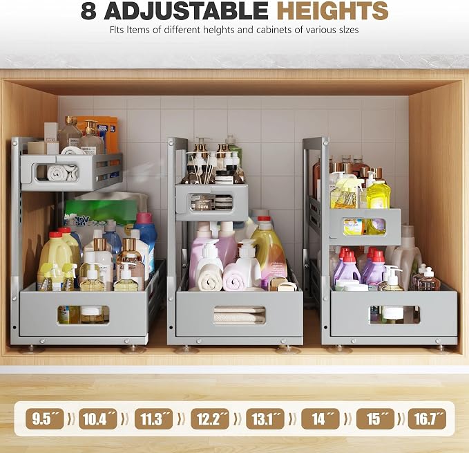 2 Pack 21IN-Depth Under Sink Organizer,Pull Out Cabinet Organizer With Smooth Cylindrical Rail,Metal Slide Out Drawer for Kitchen Bathroom Laundry,8-Level Tool Free Height Adjustable-Gun Gray