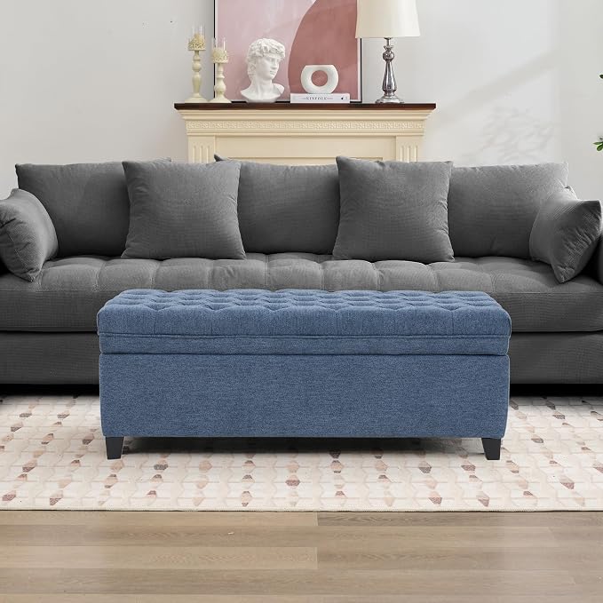 51" Storage Ottoman for Bedroom & Living Room, End of Bed Bench with Black Wooden Legs, Linen Upholstered Tufted Ottoman, Entryway Storage Bench, Dark Blue