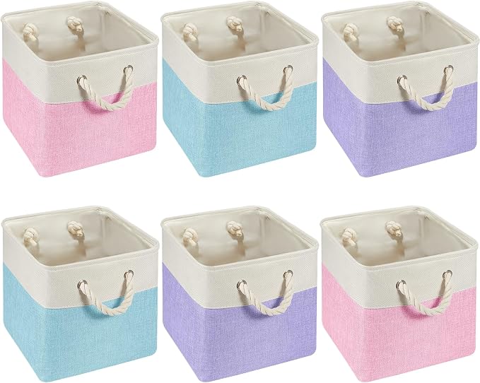 Geiserailie 6 Pcs 13 x 13 Inch Cube Storage Bins Fabric Storage Organizer Bins Foldable Cube Baskets with Sturdy Carry Handles Wicker Baskets for Home(13 x 13 Inch, Mermaid Color)