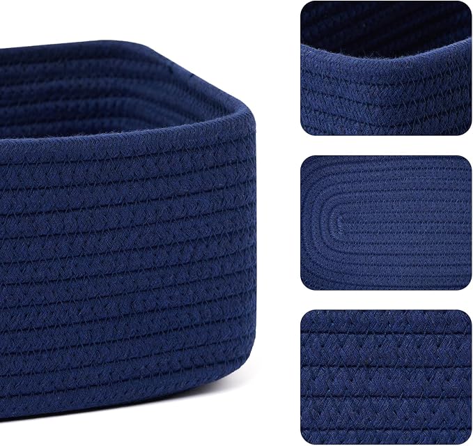 MiniArk Small Storage Baskets for Organizing | Closet Organizer Bins | Shelf Toy Basket | Woven Rope Baskets | Cube Decorative Box | Shallow Basket | 11.5x7.5x4.7” | 4 Packs Navy Blue