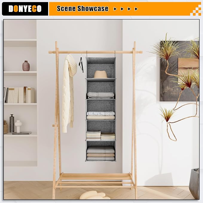 Hanging Closet Organizer 5-Shelf, Oxford Linen Wardrobe Storage, Gray | Easy-mount foldable design holds clothes, handbags, shoes & accessories; washable Oxford fabric, sturdy and space-saving.
