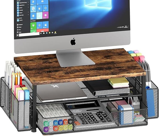 OPNICE Desk Organizer and Accessories, 2-Tier Computer Monitor Stand Riser with Drawer and 2 Pen Holders, Laptop Stand, Office Desk Accessories for Office Supplies, 1 Pack, Brown