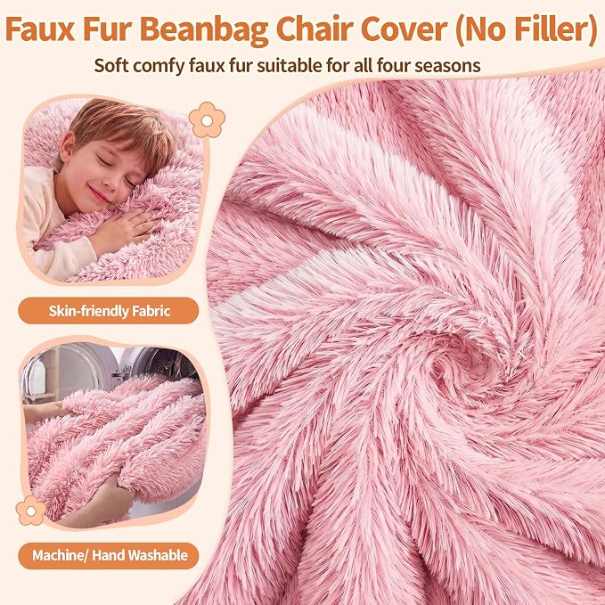 Stuffed Animal Storage Bean Bag Chair Cover, Soft Bean Bag Cover | Fluffy Faux Fur Stuffed Animal Storage Chair, Non-Slip Bottom, Fill with Plush Toys or Blankets, for Adults Teens Kids Girls