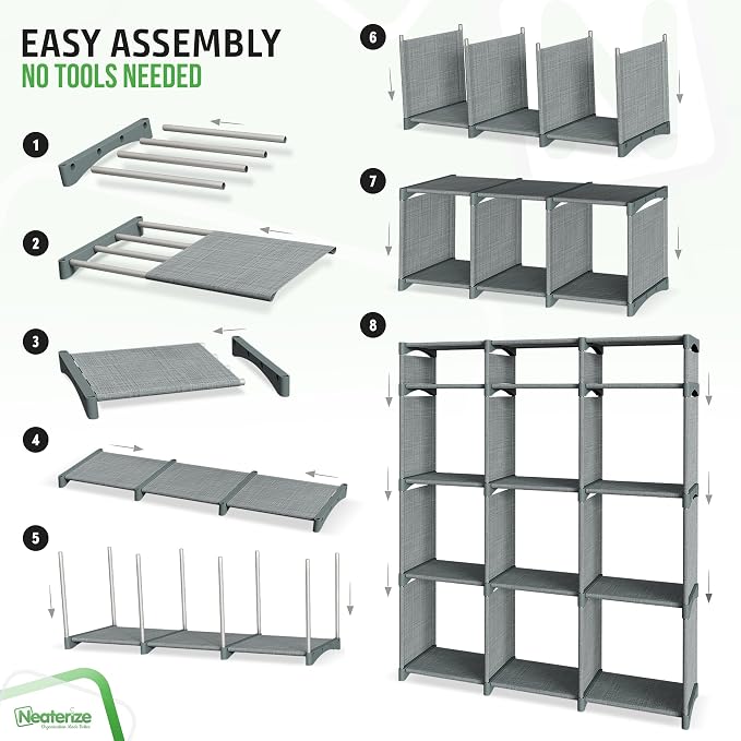 Cube Storage Organizer with Storage Bins Included - The Perfect Closet Organizers and Storage Solution. Includes 12 Storage Cubes, Great For Toy Storage, Closet Storage, Clothes Storage (Grey)