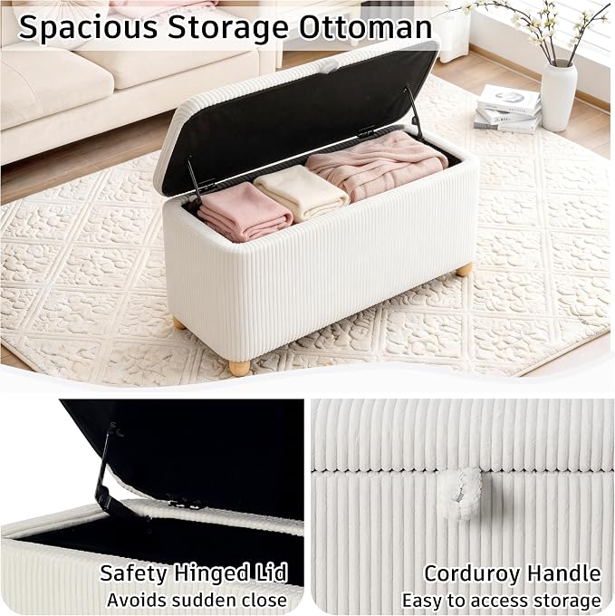 Homebeez 39” Corduroy Storage Ottoman Bench with Hinged Lid & Handle | End of Bed Storage Bench with Wood Ball Legs, for Kids Room, Bedroom, Entryway & Living Room, (White)
