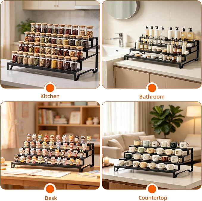 Expandable Can Organizer for Pantry, 4-Tier Adjustable Metal Can Rack | Tiered Countertop Shelf, Adjustable height Pantry Organizer for Kitchen Cabinet, Countertop & Canned Goods Storage