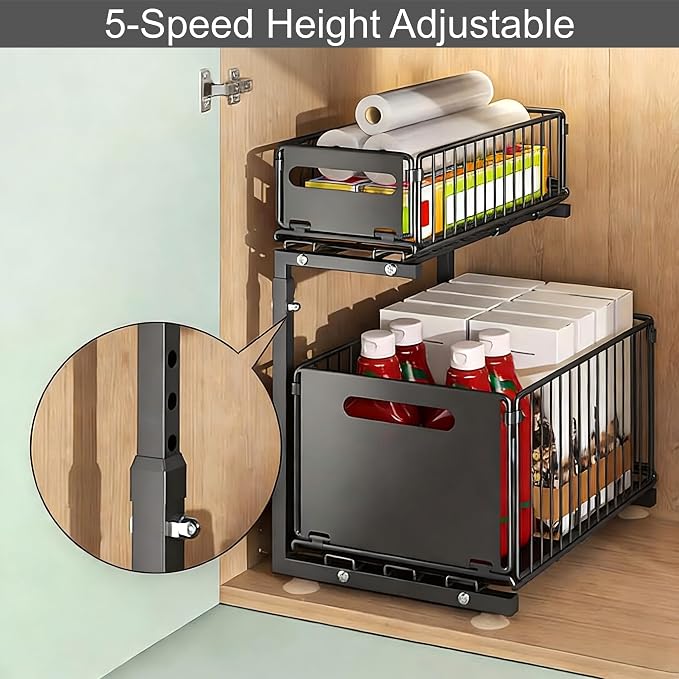 Under Sink Organizer, 2-Tier Multi-Use Kitchen and Bathroom Organizers and Storage, Slide Out Thickened Metal Under The Sink Organizer for Kitchen Bathroom Pantry (Style B White, 1 Pack)