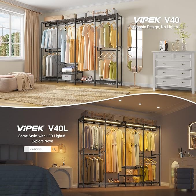 VIPEK V40 Heavy Duty Clothes Rack, Modular Closet System Clothing Rack | 76 inch Adjustable Open Clothing Storage System with 6 Shelves & 4 Hang Rods for Bedroom/Reach-in Closet, Black