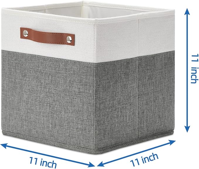 Temary Cube Storage Bins 4 Pack Storage Cubes 11?11 Fabric Storage Bins Foldable Cube Storage Baskets with Handles, Collapsible Storage Basket for Shelf (White & Grey, 11 x 11 x 11)