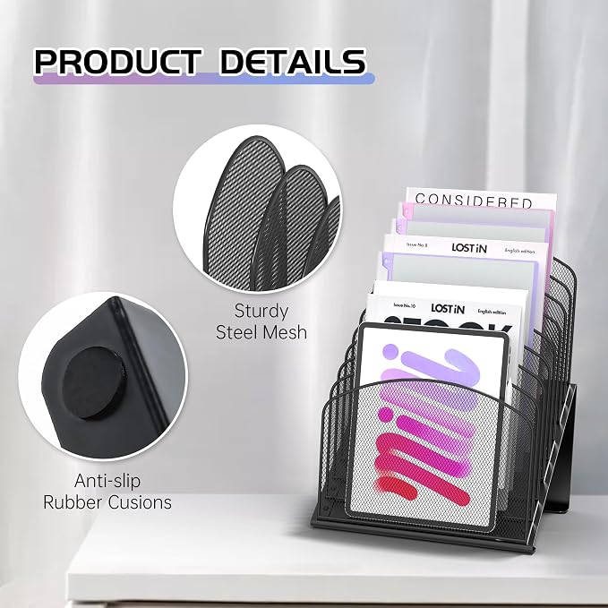 Sinboun Inclined Desk File Organizer Folder Holder with 8-Section, Black | 8-Section Vertical Compartment, Sturdy Metal Mesh, File Organizer for Home, School