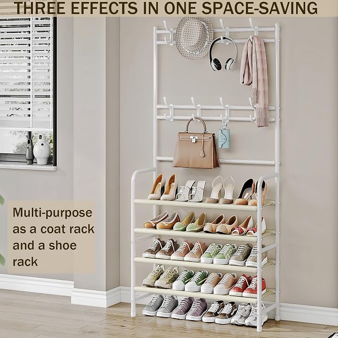 Coat Rack Shoe Rack With Storage Hooks Standing Organizer 4 Tier | Metal Freestanding Hall Tree for Clothes Hats bag Scarves Space Saving Design for Entryway Bedroom living Closet Office,White