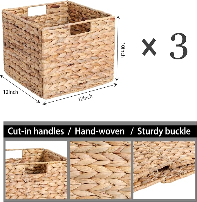 12x12x10in Water Hyacinth Storage Basket Large, Folding Cube Woven Wicker Storage Basket for Shelves, Pantry Baskets Organization and Storage, Kitchen Storage Baskets, Large Rattan Basket Set of 3