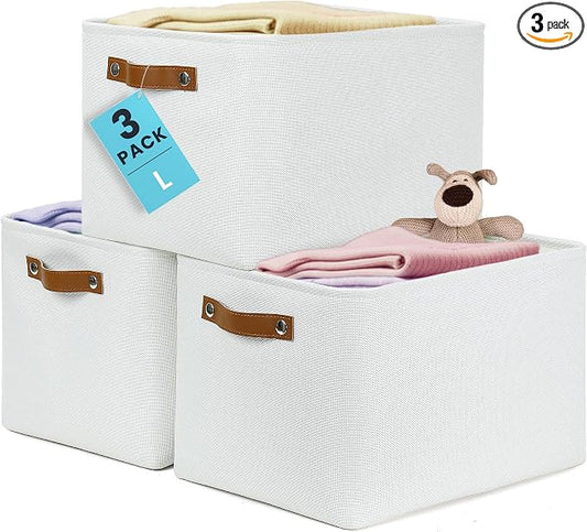 OrganiHaus 15x11in Canvas Storage Baskets 3 Pack - Fabric Bins for Shelves | Vegan leather handles; a decorative closet organizer for clothes, shoes, or toys; bedroom container