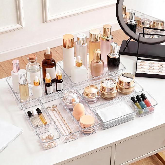 60 Pcs Makeup Drawer Organizer Set, 4 Sizes Versatile Bathroom and Vanity Drawer Organizer for Makeup, Non-Slip Desk Organizer Trays for Bedroom, Office, Fits Jewelry and Office Supplies