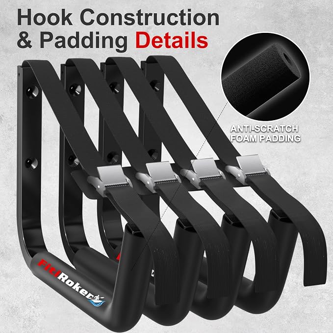 Kayak Storage Rack 120LB Wall Mounted Kayak Hook | EVA Padded Garage Storage Mount for Canoes, Paddle Boards, Ladders and Bikes Indoor Outdoor Organization