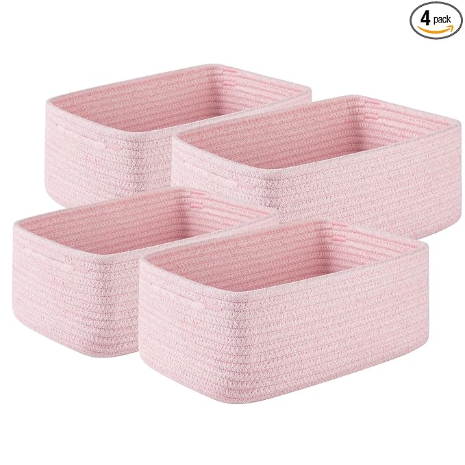 OIASKET 4 Pack Small Storage Shelf Baskets for Organizing, Mini Woven Rope Storage Bins for Towels, Cute Decorative Closet Organizer，Baby Nursery, Gift Empty Baskets -11.81''Lx7.87''Wx4.72''H-Pink