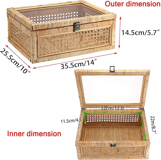 Hipiwe Vintage Decorative Box with Clear Lid Rattan and Wood Display Boxes | Handcrafted Shelf Basket Bin Large Wicker Storage Basket Rectangular Keepsakes Box for Bathroom Home Decor, 14x10x5.7 inch