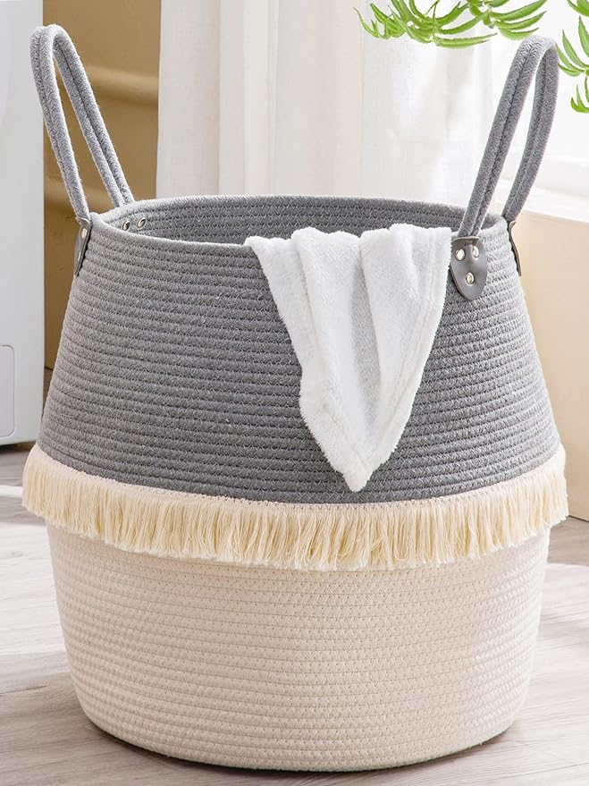 KAKAMAY Woven Baskets for Storage(17"x17"),Large Cotton Rope Woven Baby Laundry Hamper,Collapsible Laundry Basket, Blanket Basket for Organizing Living Room,Nursery,Pillows,Toy Chest(Grey)