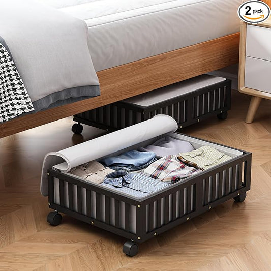 MHXW SXPN 2 Pack Bamboo Under Bed Storage Containers with Wheels, Black | Underbed Drawer Storage with Bag, Wood Rolling Underbed Organizer for Shoes, Sheets Clothes Blanket Comforter, Under Crib Toy
