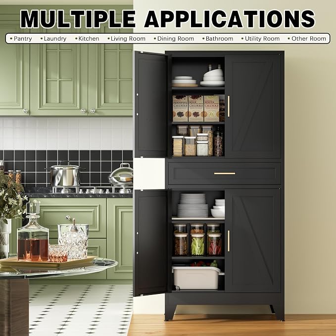 COFaR 71" Tall Metal Storage Cabinet with 4 Doors and 4 Adjustable Shelves, 6-Tier Farmhouse Storage Cabinet with Drawers and Legs, for Office, Home, Garage, Gym, School, Living Room, Hallway（Black）