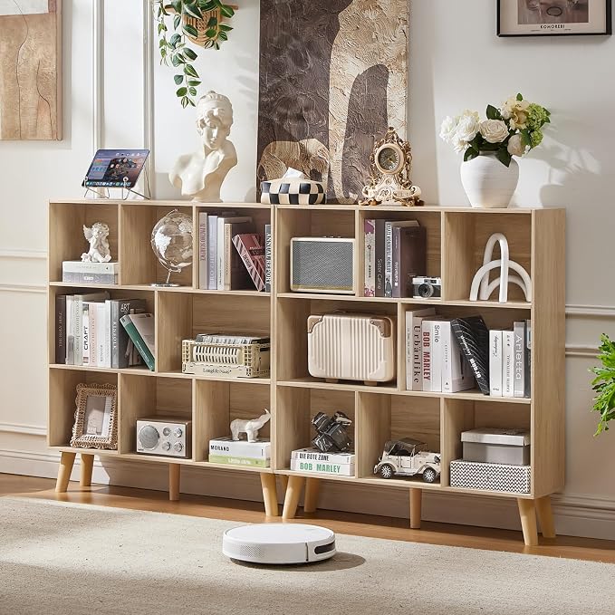 LEYAOYAO 8 Cube Bookshelf,Mid-Century Modern Bookcase with Legs,Light Wood | 3 Tier Book Shelf,Rustic Wood Bookshelves Freestanding Large Storage Organizer, Open Shelves for Bedroom, Living Room, Office