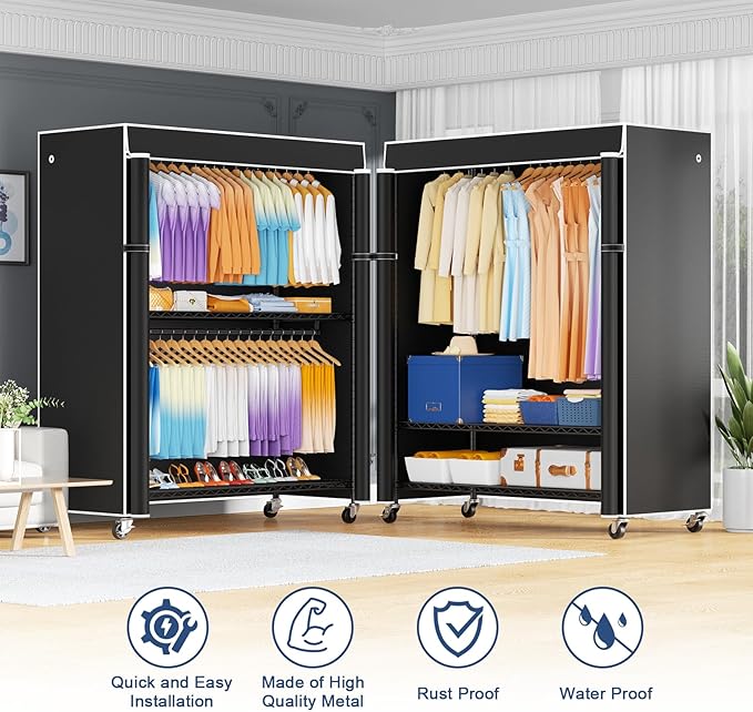 ULIFHOME P8C Max Heavy Duty Clothes Rack（With Extended Width Design） Rolling Clothing Racks for Hanging Clothes with Lockable Wheels，51.2"W x 15.8"D x 80.5"H，Load 800LBS，Black Rack with Black Cover