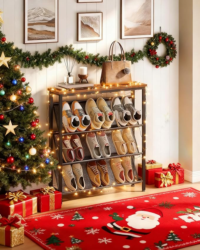 CHOEZON Shoe Rack, 4-Tier Slanted Shoe Storage Shelf, Narrow Shoe Rack for Entryway, Shoe Organizer with Adjustable Feet, Slim Shoe Shelf with Wooden Top and Metal Frame Rustic Brown and Black TXJ75BF