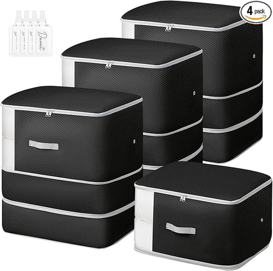 Comforter Storage Bag -130L Large Capacity Blanket Storage Bags 3-Layer Ultra Space Saving Self Compression Organizer, Washable Compression Bags for Storage Comforter Blanket, 4-Pack, Black