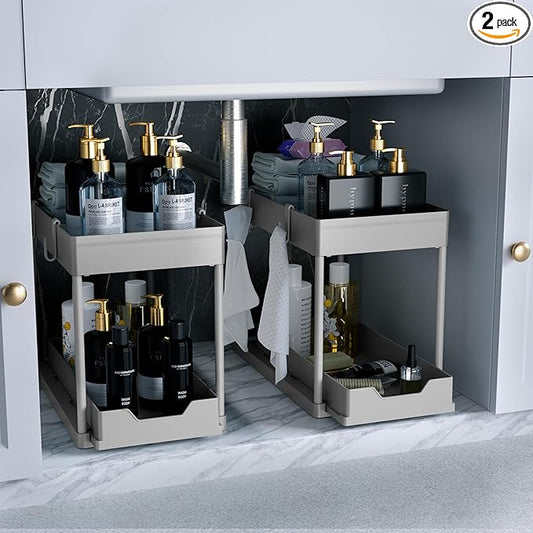 DEKAVA 2 Pack Under Sink Organizer, 2-Tier Sliding Cabinet Basket, Grey