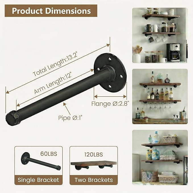 Industrial Pipe Shelf Brackets 12 Pack 12 Inch - Heavy Duty Black Iron for 8"-12" Wood-Wall Mount Floating Shelves Kit with All Hardware Included,Pipe Shelving Brackets , Black DIY Pipe Shelves