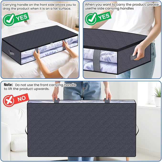 TasticTotes Under Bed Storage Containers, 4 Pack Blanket Storage Bags, Collapsible Storage Bags with Big Zippers, Clear Front, Shoe Storage and Organization for Clothes, Comforter, 90L, Grey