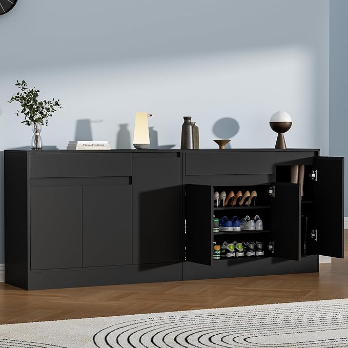 Housoul 39.4" W Shoe Storage Cabinet with 3 Doors & Drawer, Black | Freestanding Modern Shoe Cabinet with Drawer & Adjustable Shelves, Wooden Shoe Organizer Cabinet for Entryway, Hallway