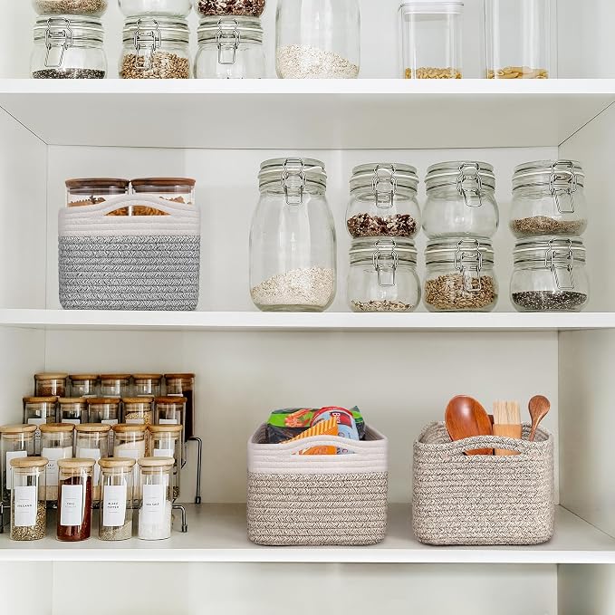 Goodpick 3-Pack Rope Storage Baskets for Gifts, 13 x 8 x 5 in | Empty Baskets for Shelves, Dog Toy Basket, Closet Baskets for Organizing, Empty Baskets for Gifts, White & Light Brown