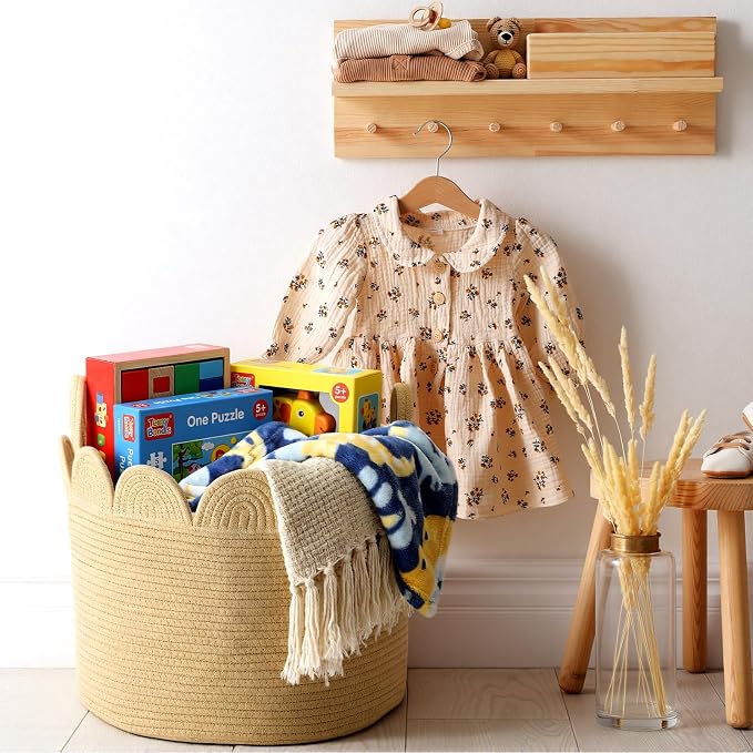 LemonRoad Brown Round Basket Large Blanket Basket 16" x 14" Scalloped Woven Baskets Cotton Storage Baskets for Nursery Classroom Closet Blankets Storage Home Decor