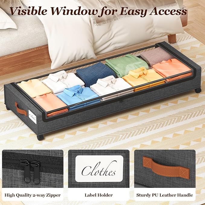 Yecaye 85 L Under Bed Storage with Wheels, 2 Pack Extra Large Under Bed Storage Containers with Metal Frame & Clear Lid, Rolling Underbed Organizer Bins Drawers for Clothes, Shoes, Blankets, Hemp Grey