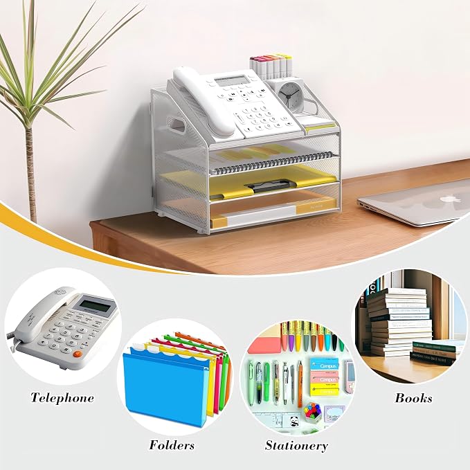 4 Tier Mesh Desk Organizer with Pen Holder and Handle Letter Tray | Metal desktop document shelf and paper sorter. Premium mesh workspace storage for office, home, and classroom