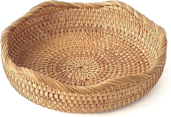 HITOMEN Handmade Rattan Bread Baskets Round Wicker Fruit Serving Storage Bowls, Natural Woven Decorative Kitchen Counter Organizing (Honey Brown) S-8.7"