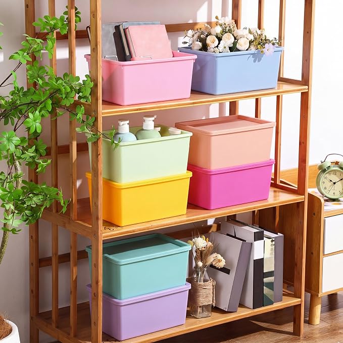 8 Pcs Storage Bins with Lids Small Plastic Storage Containers Stackable Storing Baskets Box Cute Organizer Bins for Organizing Shelves (Mixed Color)
