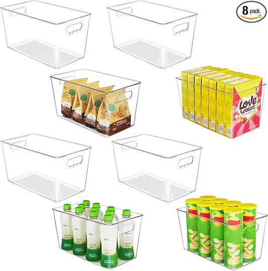 YIHONG Clear Plastic Storage Bins, 8 Pack Pantry Organizer Bins with Handle for Kitchen, Freezer,Cabinet,Closet Organization and Storage(XL)